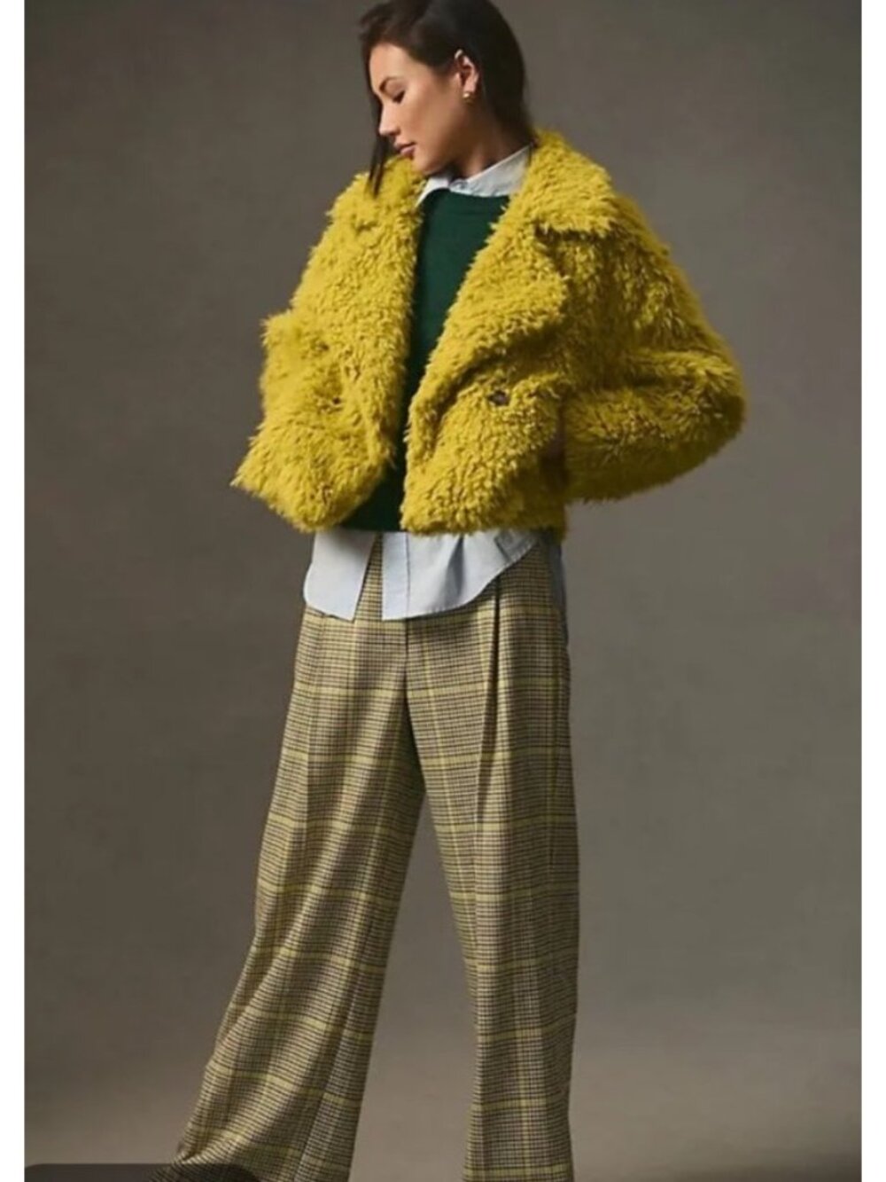 Anthropologie Jacket Womens Size Medium Shag Faux Fur Yellow / Gold